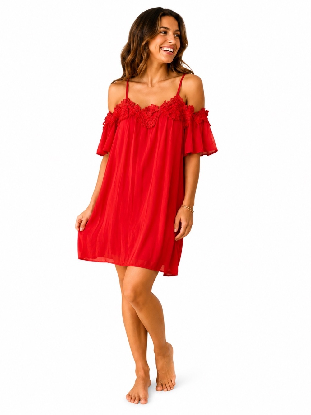 She + Sky Red Off-Shoulder Lace-Trim Chemise